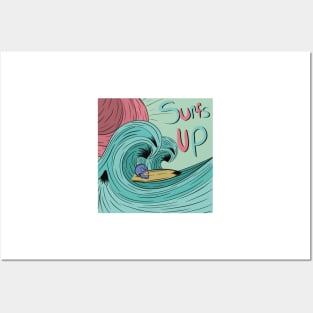 Skull on a surf board riding a wave Posters and Art